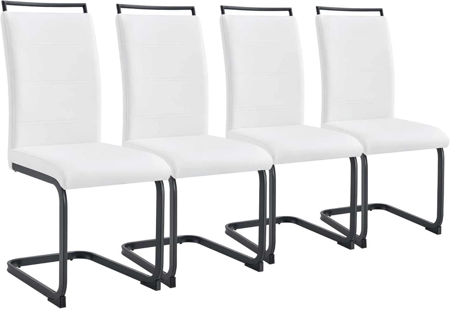 Modern Dining Chairs Set of 4, PU Faux Leather High Back Upholstered Dining Room Side Chair with Horizontal Stripe Backrest Design for Kitchen Living Room Dinner Chairs, White with Black Legs-0