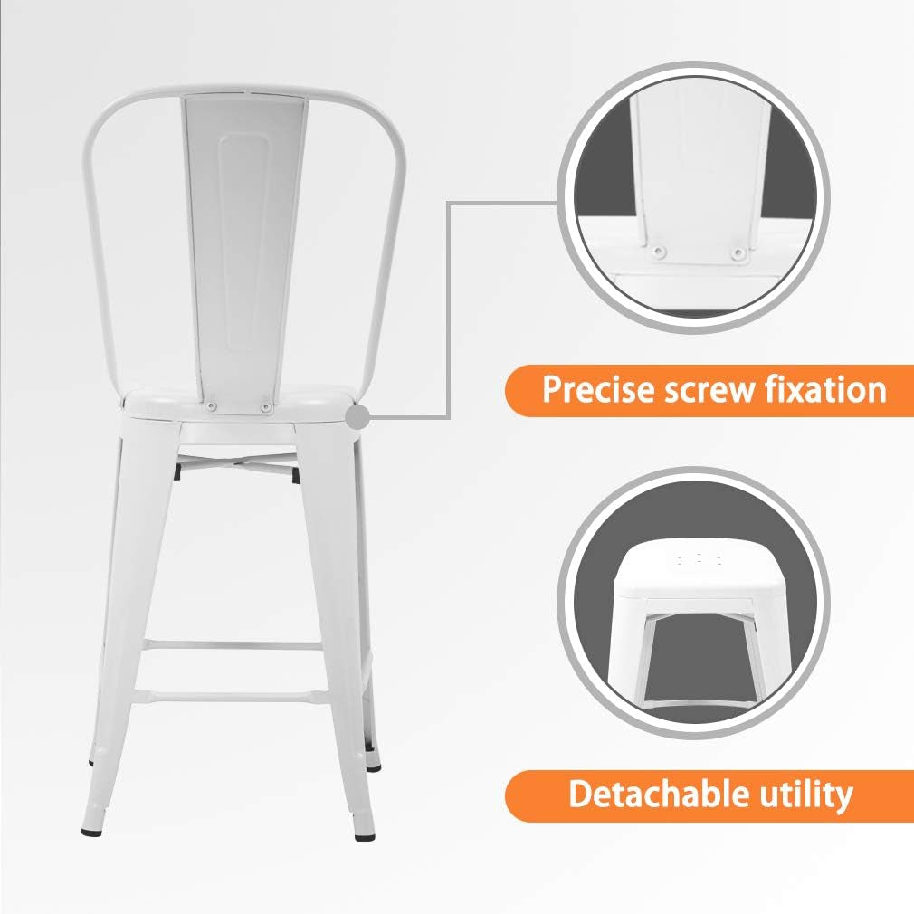 24 Inches Metal Bar Stool Set of 4 Counter Height Barstool with Back Seat, White-4