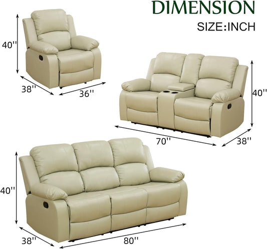 Leather Recliner Sofa Set,Leather Reclining Sofa Set for Living Room Furniture Sets,Beige Recliner Couch Set for Living Room/Office/Theater Seating(Sofa Set 3 Pieces)-1