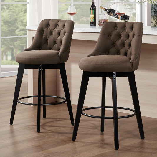 Bar Stools Set of 2, Swivel Barstools with Backs and Wood Legs, 27" Linen Fabric Upholstered Bar Chairs for Kitchen Island, Dining, Cafe, Pub(Sepia)-1