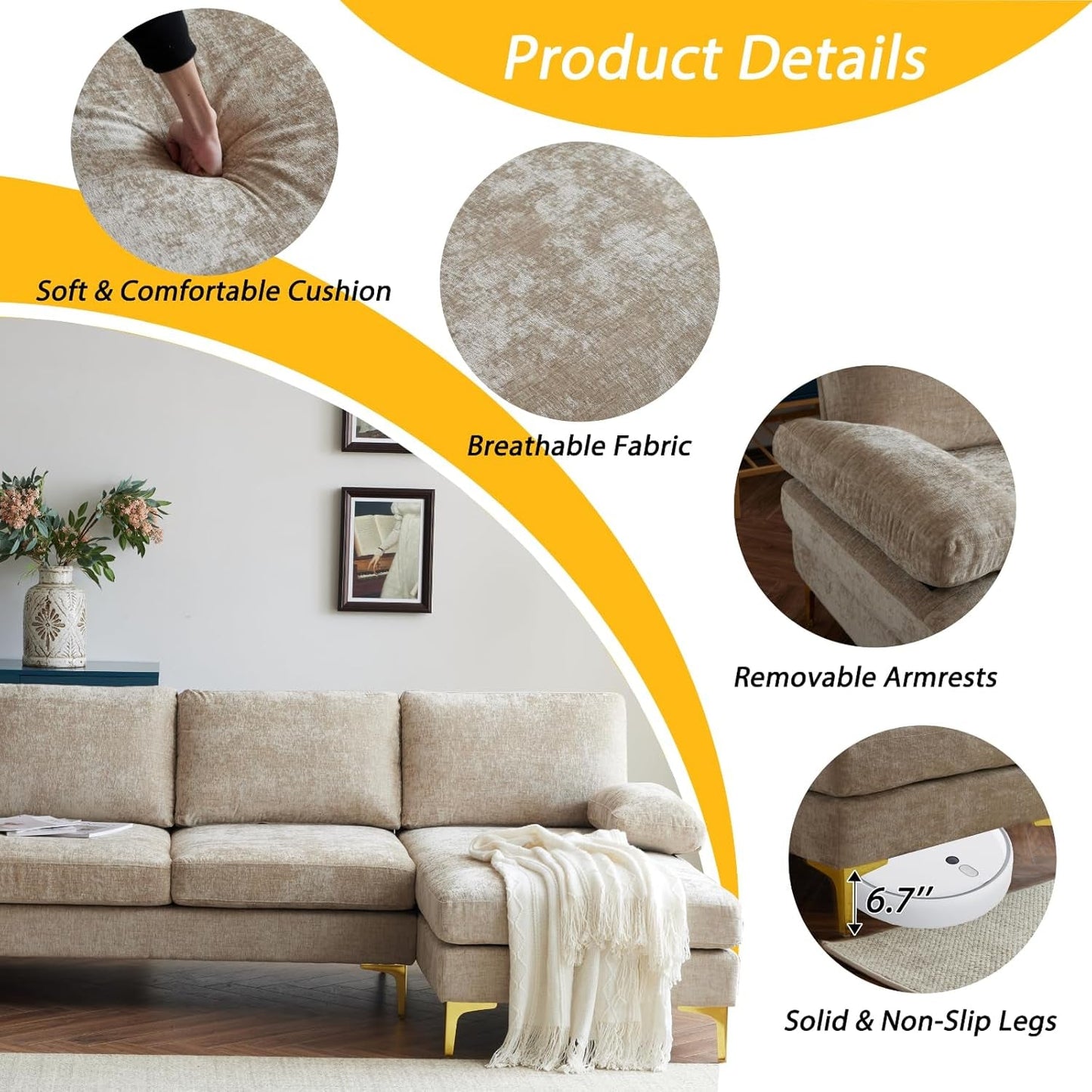 Convertible Sectional Sofa 110" U-Shape Sofa Couch 4-Seat Couch with Chaise Chenillefabric Upholstered for Living Room, Apartment, Office, Camel-3