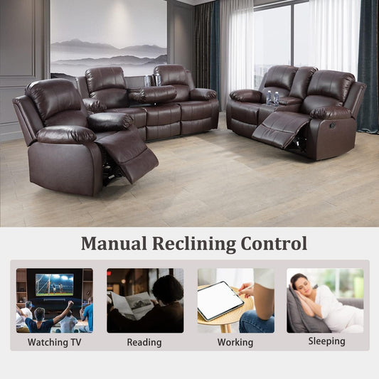 Manual Recliner Sofa Set, Bonded Leather Sofa Set Living Room Furniture, Reclining Sofa Set Leather Recliner Couch with Cup Holder/Storage Console for Living Room (3 Pieces Couch Set, Brown)-1