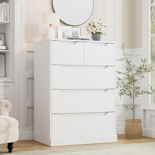 Modern 5 Drawer Dresser for Bedroom, Chest of Drawers with Storage, Wood Storage Chest Organizers with Cut-Out Handles, Accent Storage Cabinet for Living Room, Entryway, Hallway, White-1