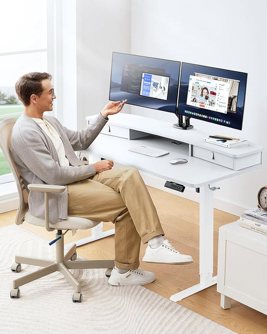 48″ X 24″ Electric Standing Desk with 2 Drawers, C-Clamp Mount Compatible, Height Adjustable Computer Desk, Home Office Stand up Desk with 4 Preset Heights & 2 Hooks, White-1
