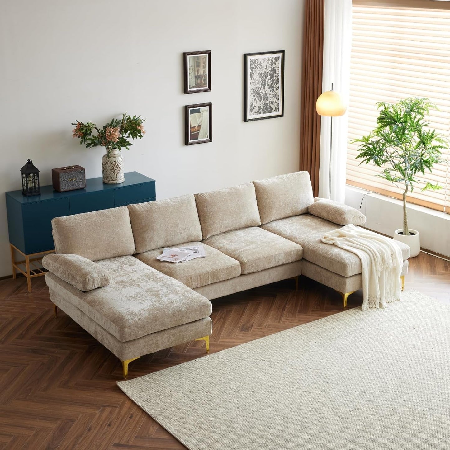 Convertible Sectional Sofa 110" U-Shape Sofa Couch 4-Seat Couch with Chaise Chenillefabric Upholstered for Living Room, Apartment, Office, Camel-0