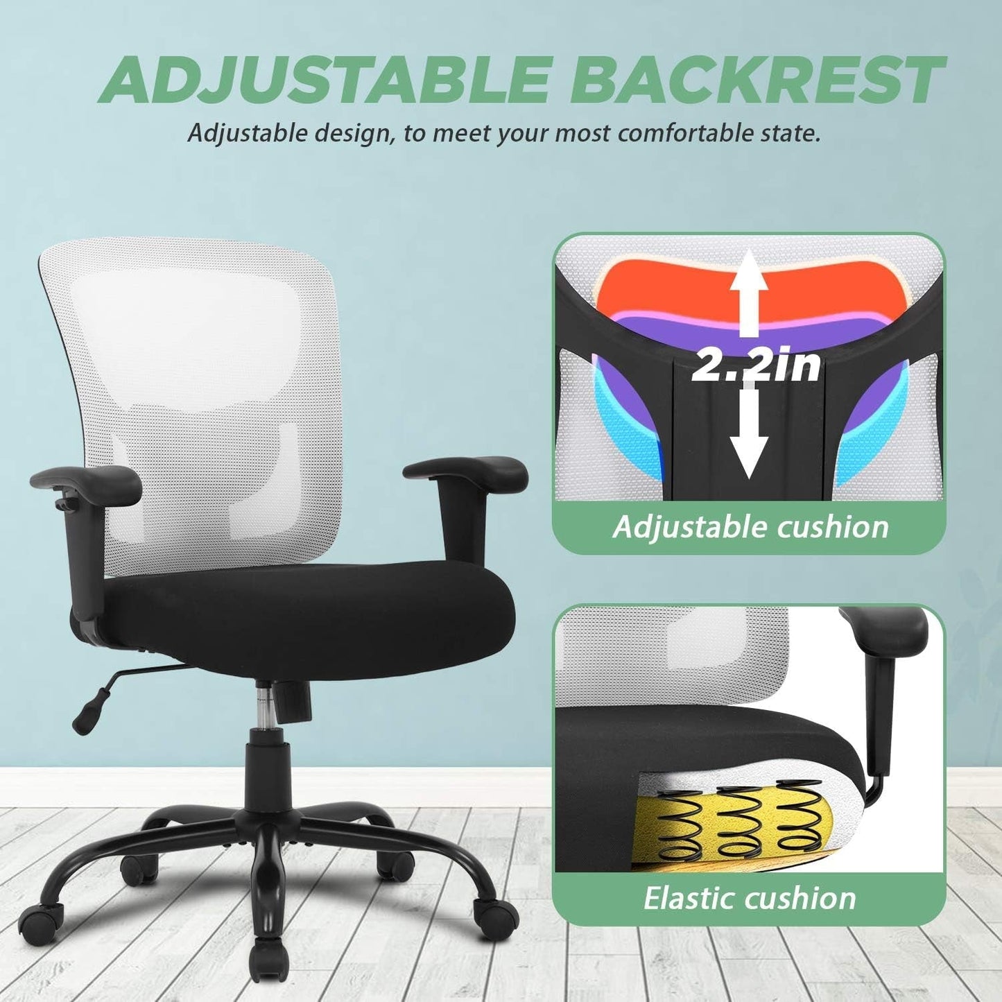 Big and Tall Office Chair 400Lbs Desk Chair Mesh Computer Chair with Lumbar Support Wide Seat Adjust Arms Rolling Swivel High Back Task Executive Ergonomic Chair for Home Office (White)-4