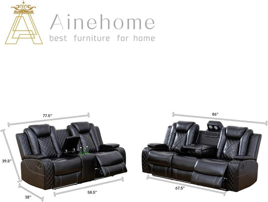 Power Leather Recliner Sofa Sets, 2 Pieces Living Room Furniture Sets with LED Lights, Grey Reclining Sofa Sets with USB Port for House/Office/Rv(C-Black, Sofa+Loveseat)-1