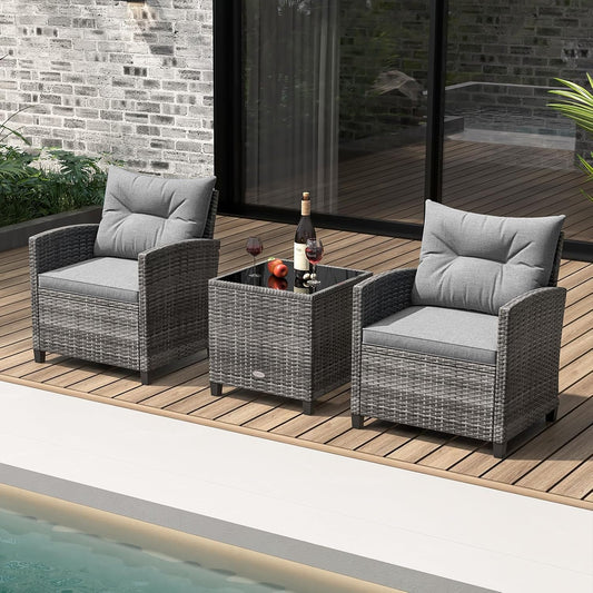 3 Piece Patio Furniture Set, Outdoor PE Rattan Conversation Set with Washable Cushions & Tempered Glass Tabletop, Wicker Chairs and Table Set for Porch, Garden, Balcony (Grey)-1