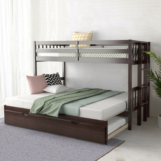 Twin Pull-Out Bunk Bed with Trundle Wooden Ladder-1