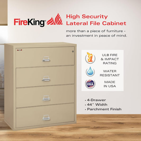 Lateral 4 Drawer Legal and Letter Fire Safe File Cabinet with Key Lock, 1 Hour Fire Rated, UL Rated & Water Resistant Home Safe, Filing Cabinet, Made in the USA, Parchment-1