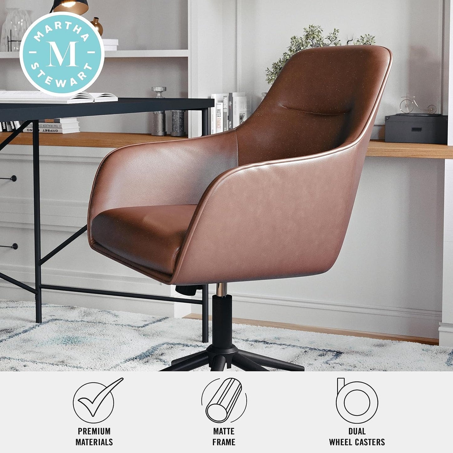 Rayna Swivel Task Chair with Flared Arms for Home Office in Saddle Brown Faux Leather with Oil Rubbed Bronze Frame-2