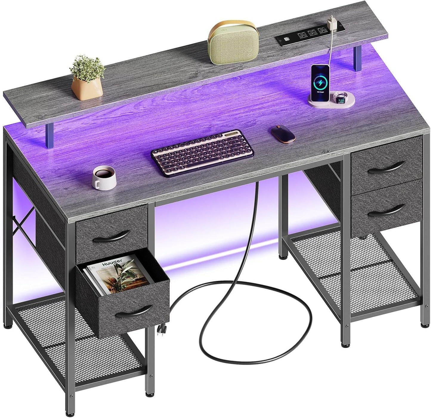 47 Inch Computer Desk with 4 Drawers, Gaming Desk with LED Lights & Power Outlets, Home Office Desk with Large Storage Space for Bedroom, Work from Home, Grey-0