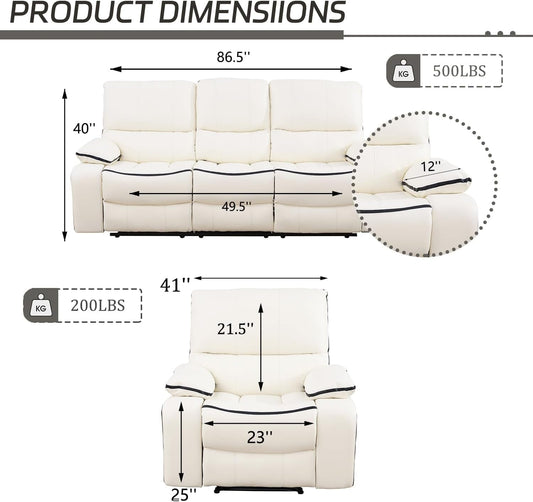 Recliner Sofa Set Bonded Leather, Living Room Furniture Set,Leather Sofa Set Reclining Sofa Manual Recliner Couch (Chair and Sofa Set,Cream White)-1