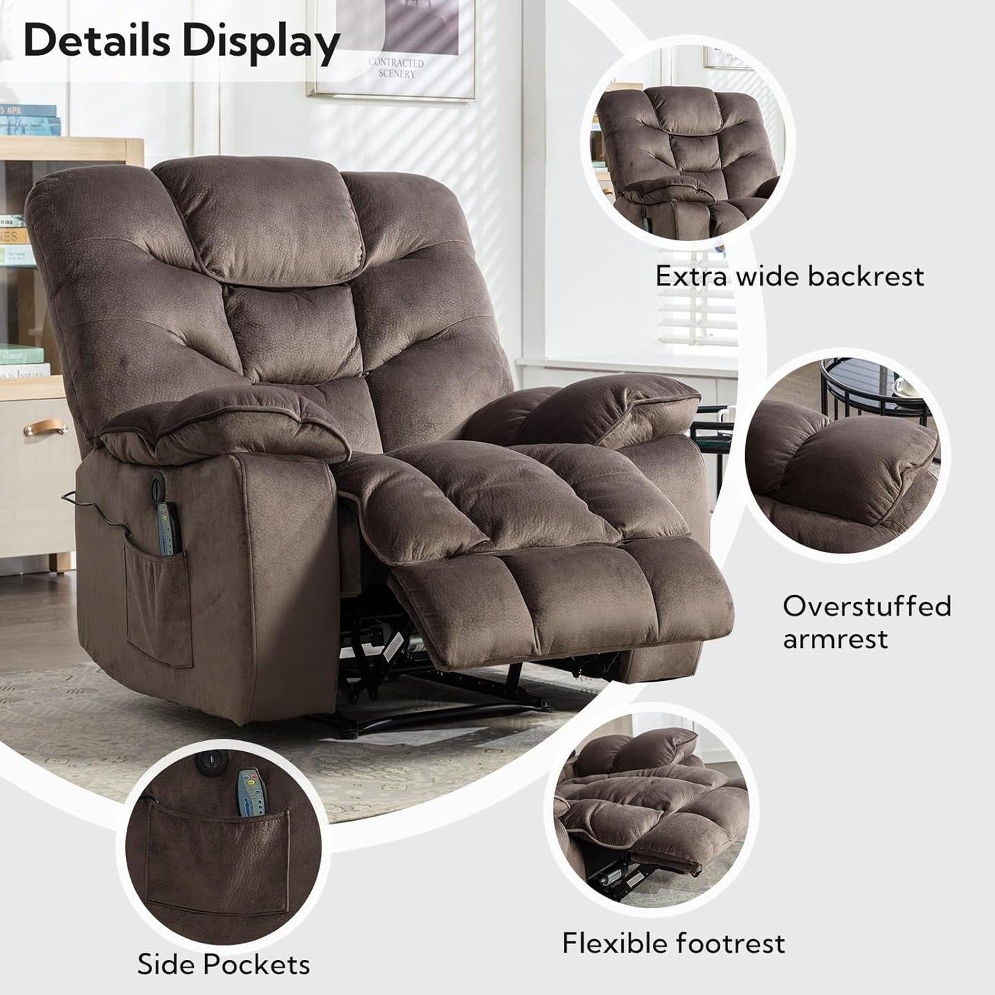 Oversized Power Recliner Chairs with Massage and Heat, 41" Wide Electric Reclining Chair with USB Port, Breathable Fabric Overstuffed Reclining Sofa for Living Room Bedroom (No Lift)-4