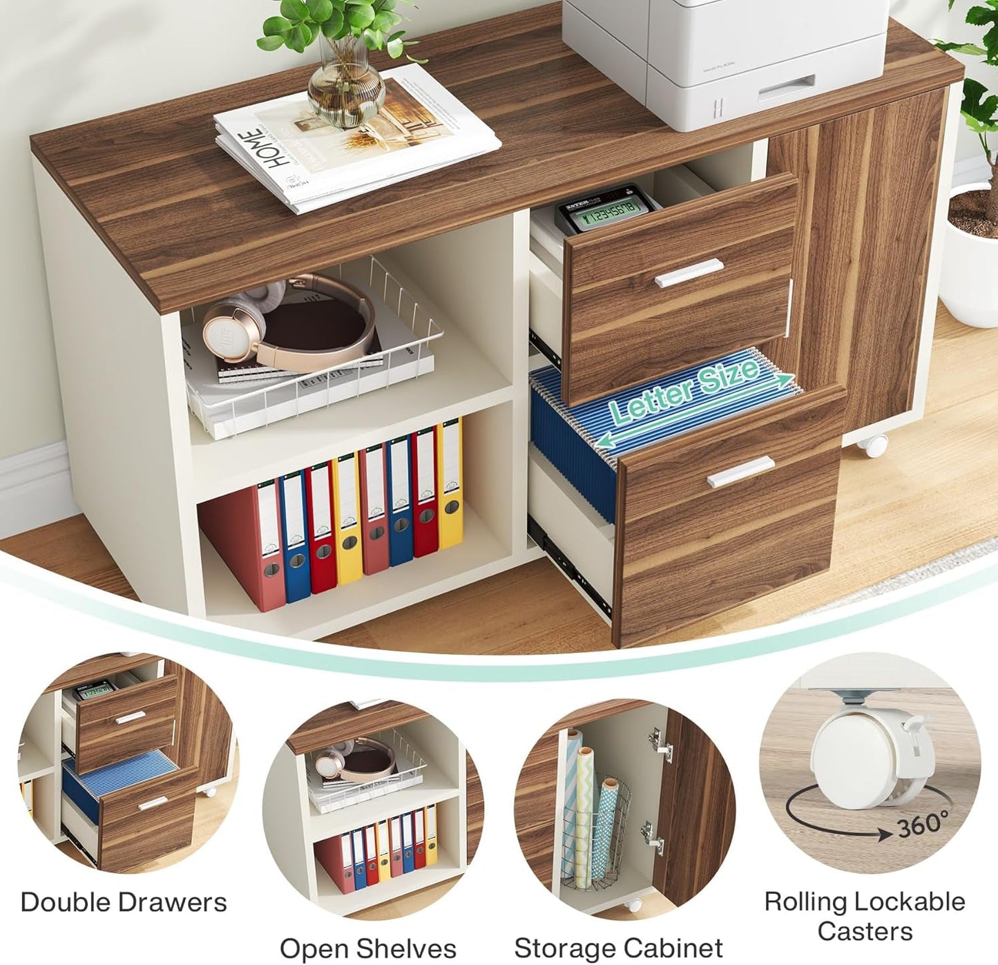 70.8" Large Executive Office Desk and 47" Lateral File Cabinet Combo, L-Shaped Computer Desk 2 Piece Business Furniture with Drawers and Shelves, Home Office Workstation, Walnut & White-4