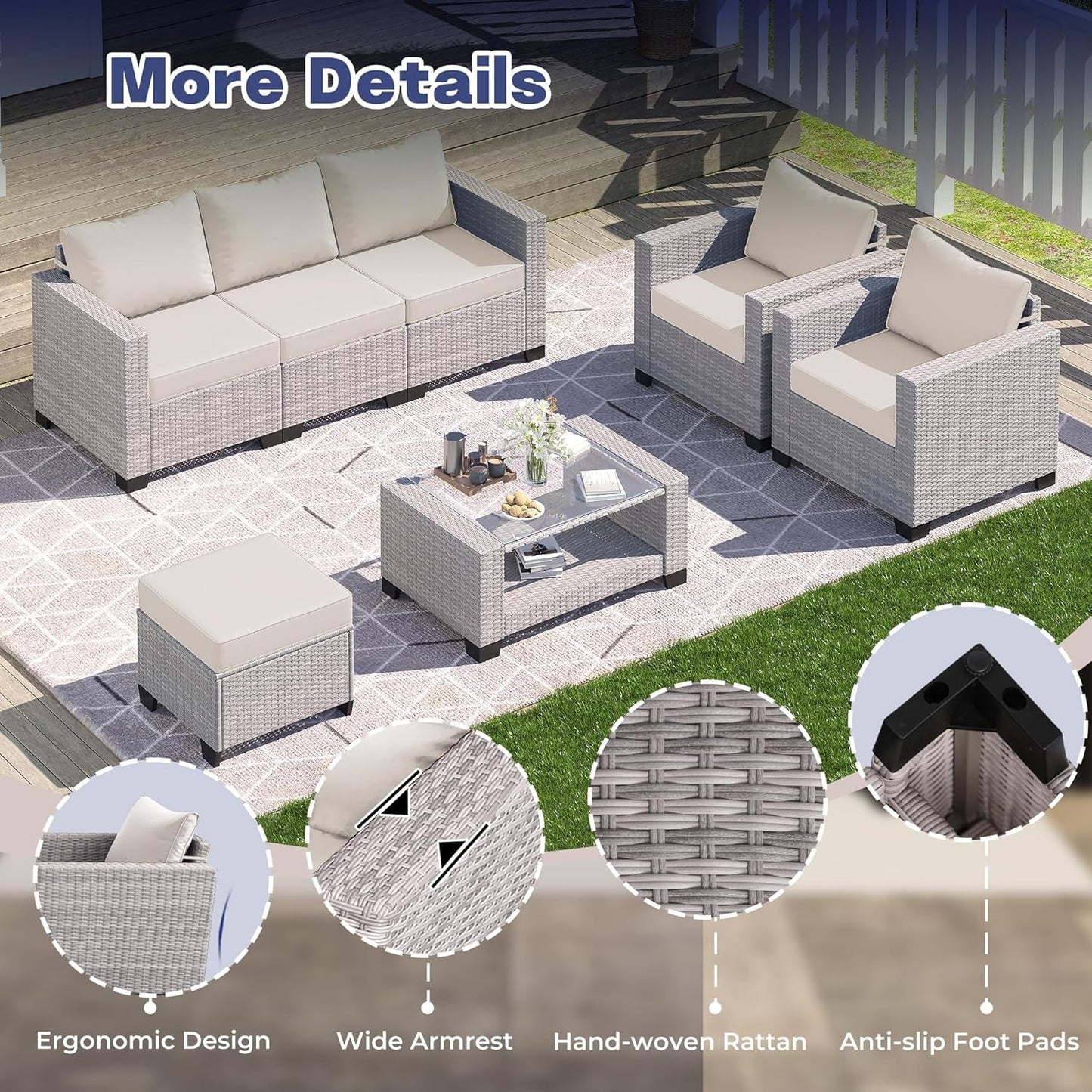 7 Piece Outdoor Patio Furniture Set, Outdoor Sectional Furniture, Rattan Chairs Glass Table Wicker Conversation Seating Sectional Sofa with Cushions (B-Grey White-Grey, B-7 Pieces-Tilted Back)-4