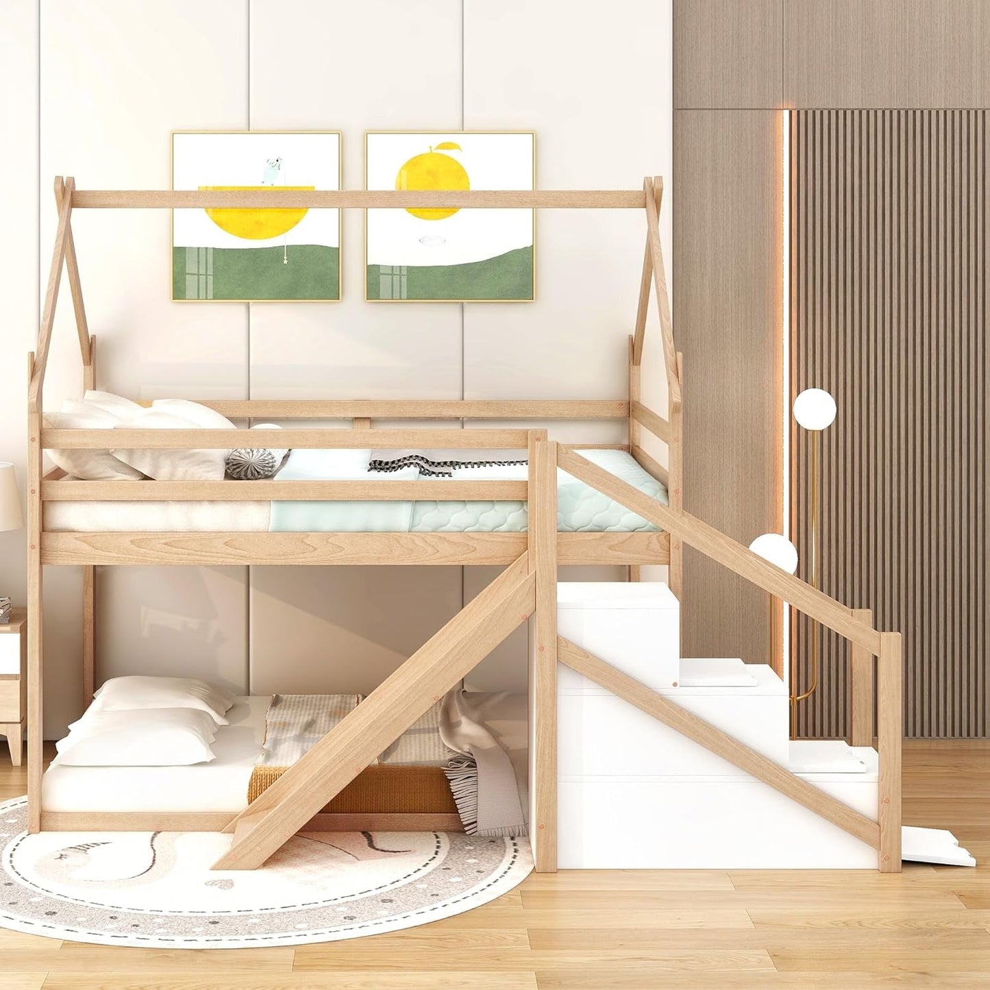 Twin over Twin Bunk Bed with Slide and Staircase, House Bunk Bed for Kids, Wood Loft/Bunk Bed Frame with Storage for Kids Teens Boys Girls, (Natural)-2