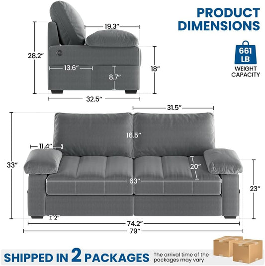 79" Velvet Couch, Comfy Sofa with Pocket Coils, Deep Seat, Storage Pockets and USB Ports, 2 Seater Modern Loveseat Sofas with Removable Cover, Pillow Top Arms for Living Room Apartment Gray-1