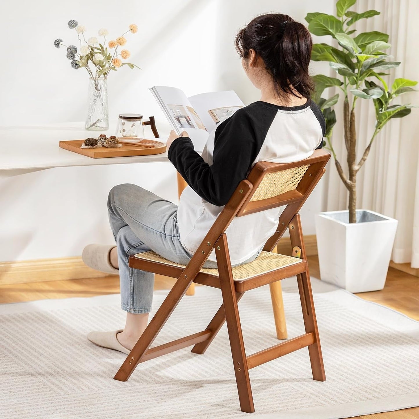 Rattan Folding Chairs, Modern Mid Century Dining Chairs Set of 2, Outdoor Bamboo Chairs for Bedroom Living Room Reading Room Dining Kitchen, Walnut-4