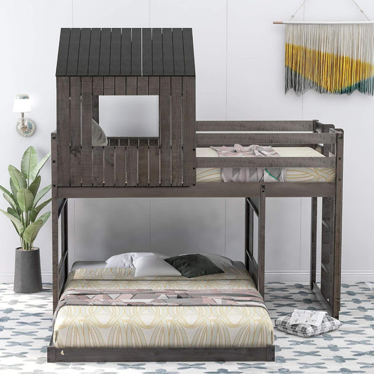 House Bunk Beds Twin over Full Size, Wood Bunk Beds with Roof and Window (Distressed Grey, Twin over Full)-1