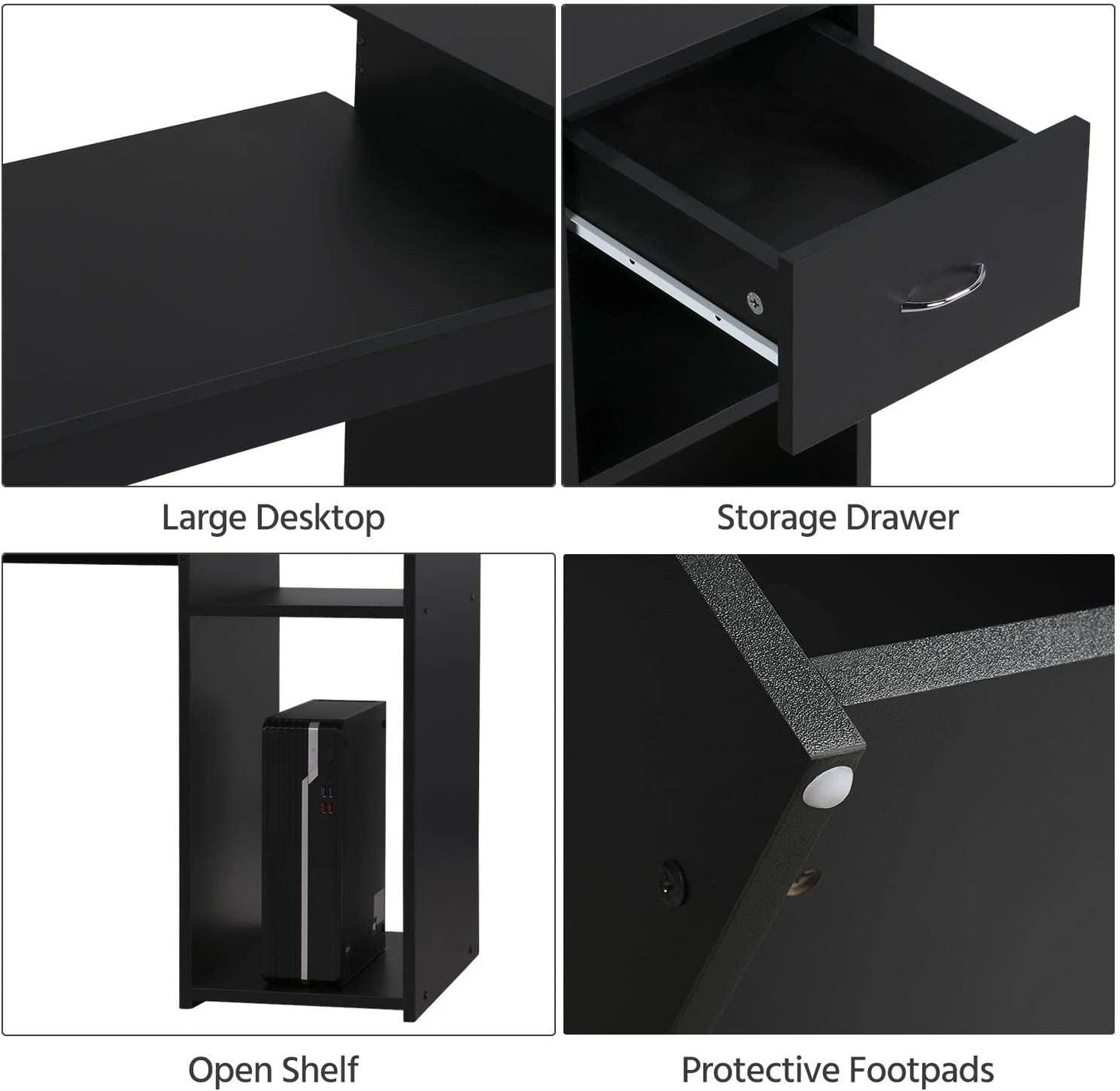 Black Wooden Computer Desk with Storage and Stand-4