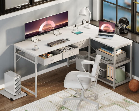 53 Inch L Shaped Computer Desk with Drawers, Corner Desk with Power Outlets & Reversible Storage Shelves, Movable CPU Stand for Home Office Gaming, White-1