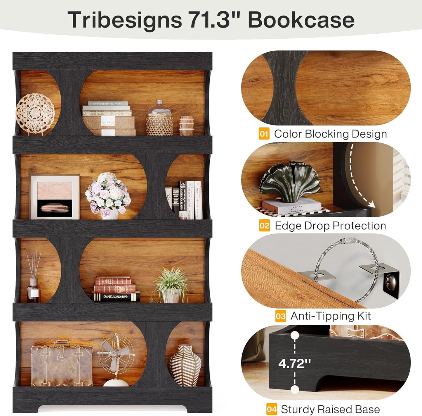 Black 4 Tier S-Shape Bookshelf Tall Modern-4