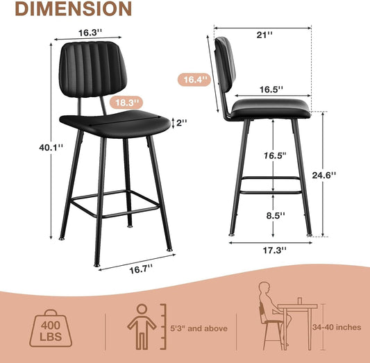 Bar Stools Set of 2, 24.6 Inch Counter Height Barstools, High Backrest Faux Leather Upholstered Counter Stools with Armless Footrest Modern Bar Chairs Tall Pub Stools for Kitchen Dining,Black-1
