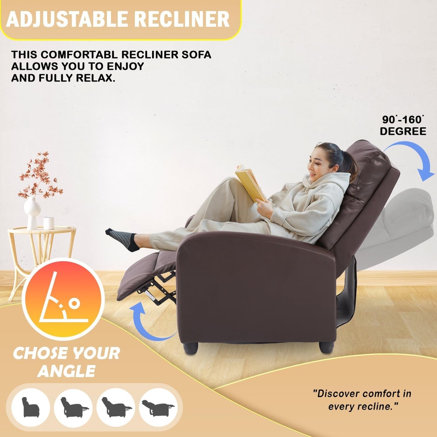 Recliner Chair Single Reclining Sofa Home Theater Seating with Lumbar Support and Padded Backrest for Living Room and Bedroom (Leather, Brown)-4