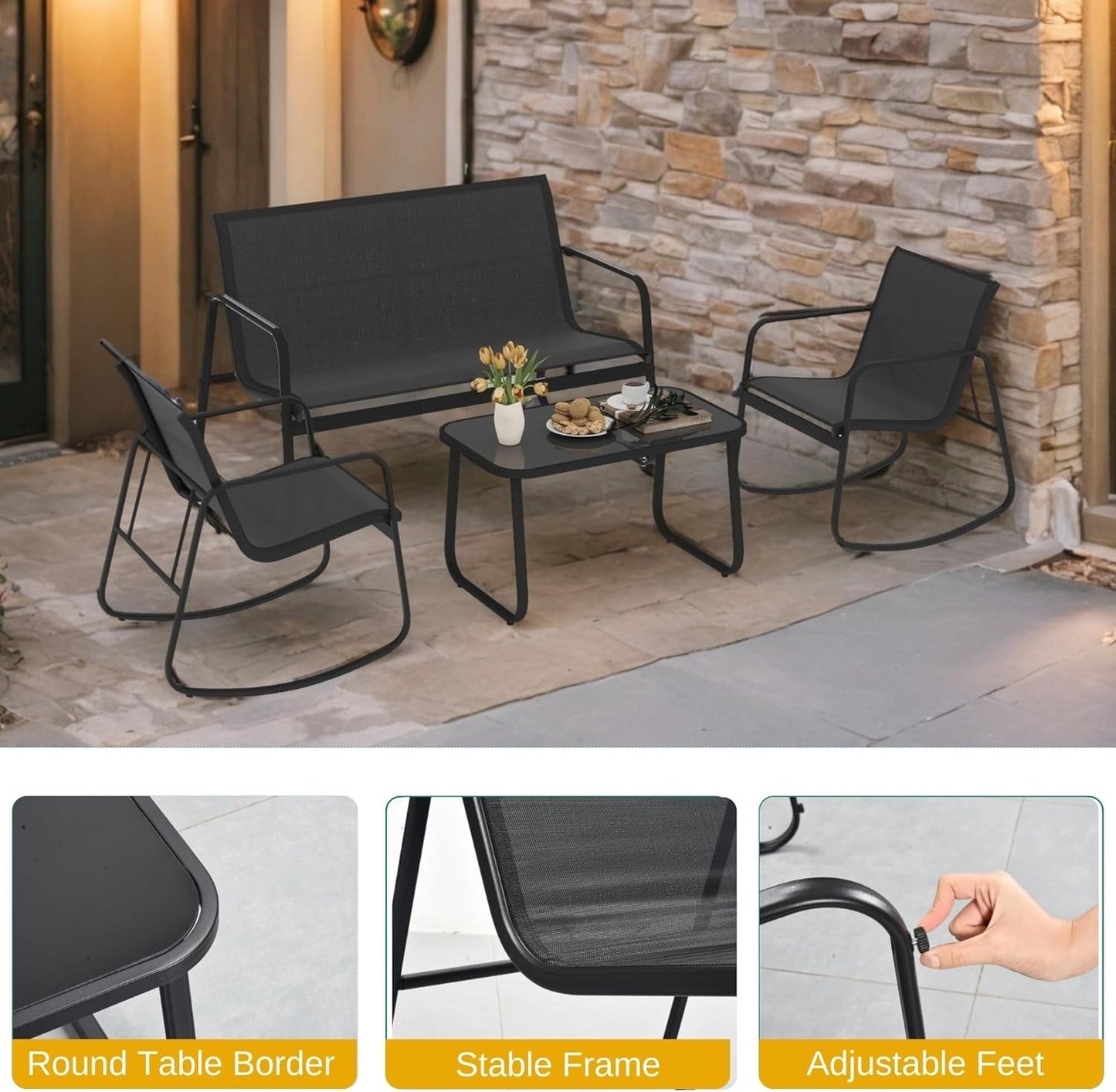 4-Piece Patio Furniture Set, Textilene Conversation Set with 2 Rocking Chairs and Tempered Glass Coffee Table, Perfect for Indoor Patio Lawn Garden Poolside, Black-3
