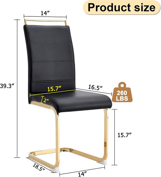 Modern Dining Chairs Set of 4, PU Faux Leather High Back Upholstered Dining Room Side Chair with Horizontal Stripe Backrest Design for Kitchen Living Room Dinner Chairs, Black with Gold Legs-1