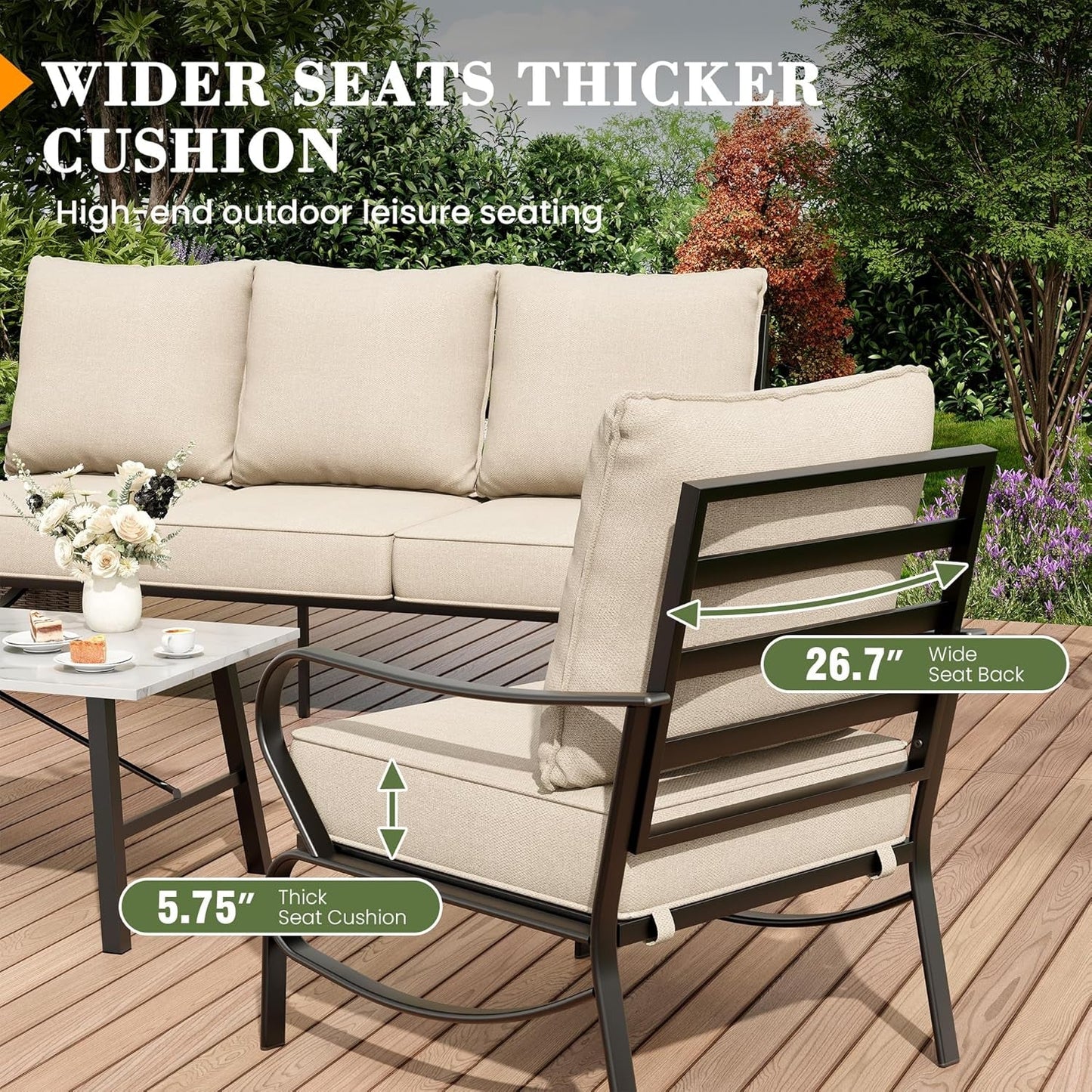 Patio Furniture Set 7 Pcs, Metal Outdoor Furniture Patio Set, 3-Seat Sofa, 2 X Swivel Chairs, 2 X Single Chairs, 2 X Ottomans, 5.75" Extra Thick Cushion Outdoor Patio Furniture Set, Beige-4