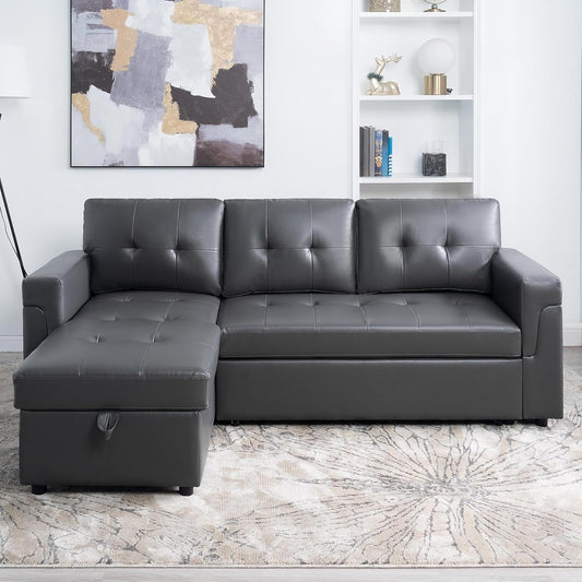 Transform Any Space: Sleeper Sectional Sofa with Convertible Sofa Bed & Inviting Chaise. Find Tranquil Comfort with Stress-Relieving Design & Durable Cushions - Dark Gray/Air Leather-1