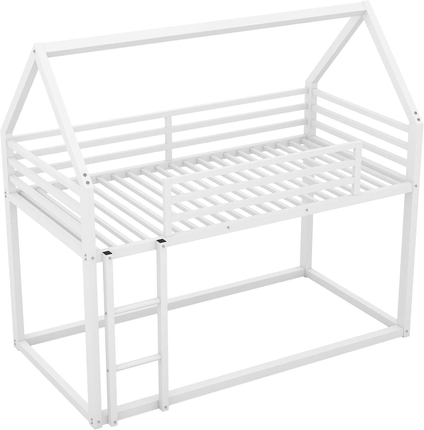 Full over Full Metal Floor Bunk Bed with Safety Guardrails and Roof Design for Kids,Girls, Boys,House Shaped Bunk Bed Frame,No Box Spring Required,White-3