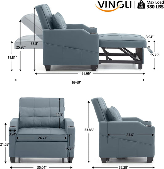 Sofa Bed Chair Recliner, 3-In-1 Convertible Sleeper Sofa Chair Bed Blue Gray Daybed Pull Out Couch Bed with Adjustable Backrest, USB Ports, Cup Holders for Small Spaces Living Room-1