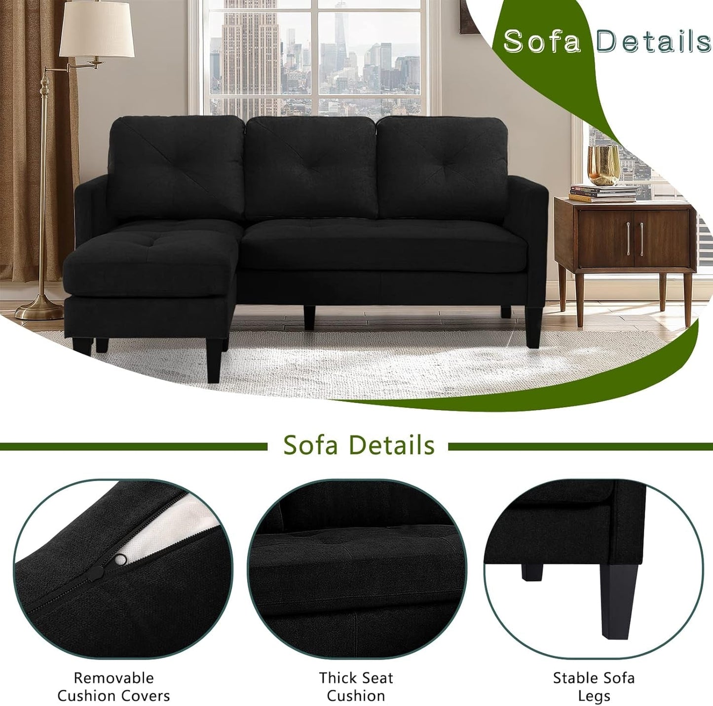 Adjustable L-Shaped Sofa, Modern Craftsmanship Nordic Style Fashion Sofa Set, Apartment Living Room Sofa with Storage for Small Space(Black)-4