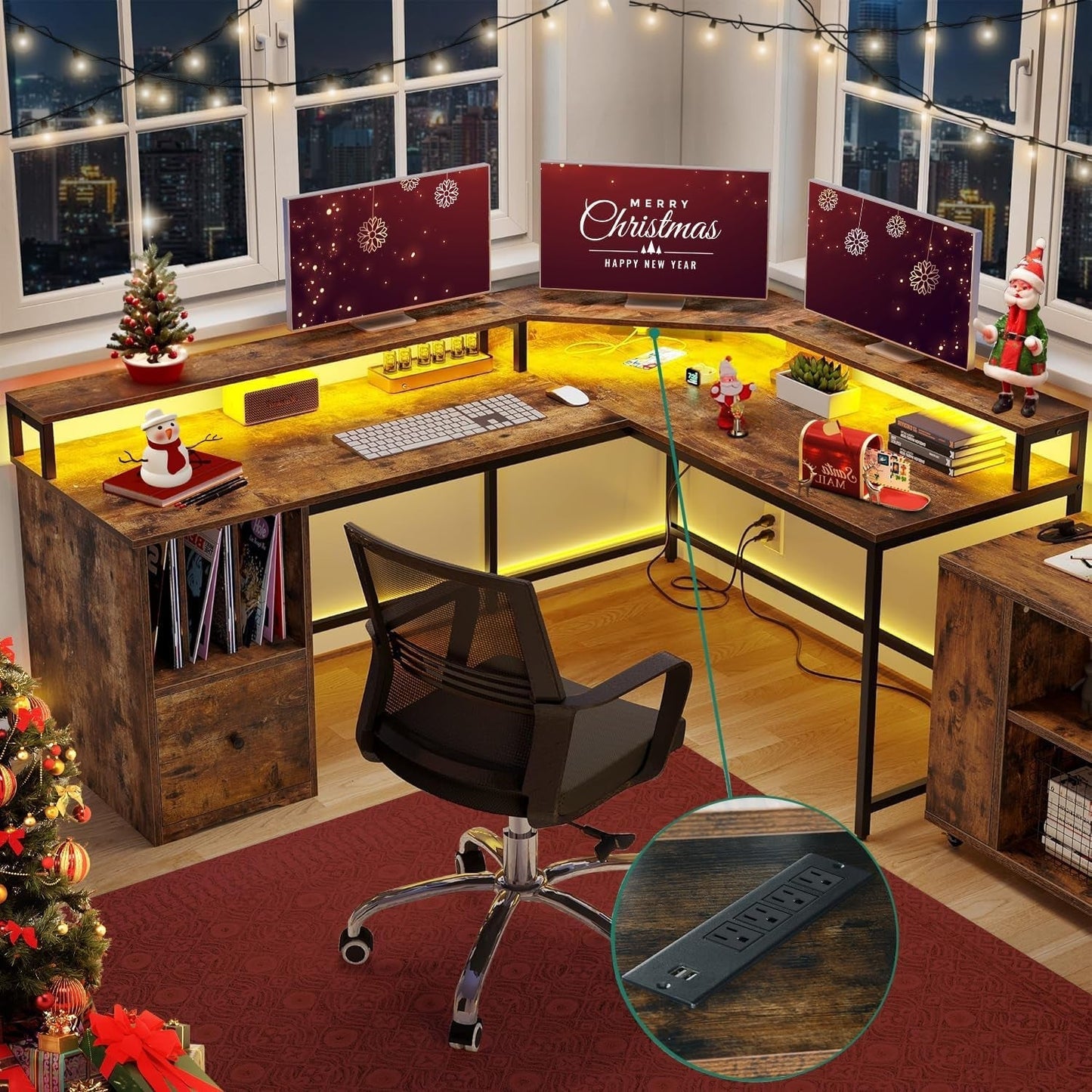 L Shaped Desk with Power Outlets & LED Lights, 67" Computer Desk with File Drawer, Corner Desk Home Office Desk with Monitor Stand & 3 Cubbies Storage Shelves, Rustic Brown-0