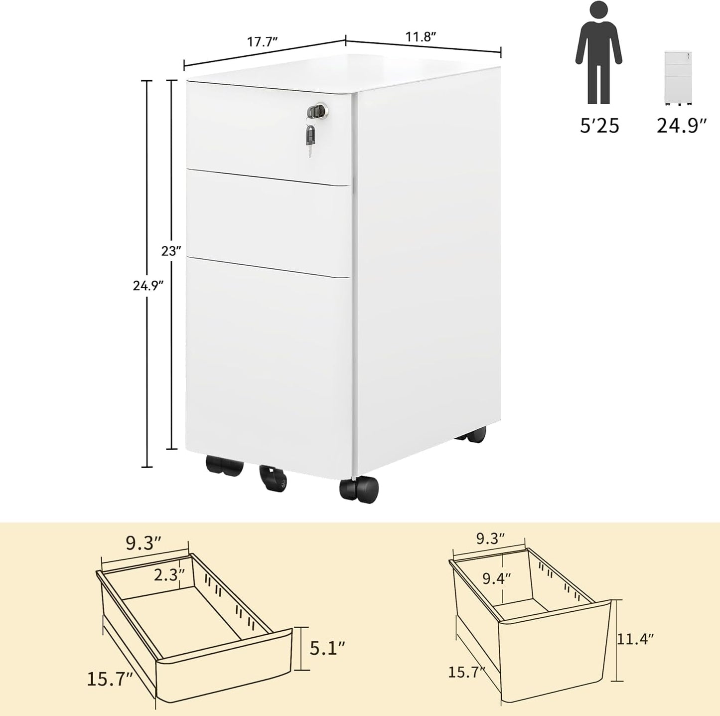 3-Drawer Vertical File Cabinet, Mobile Filing Cabinet with Lockable, Pre-Assembled Compact Slim File Cabinet, Portable Office Storage for A4/Letter/Legal Documents (White)-2