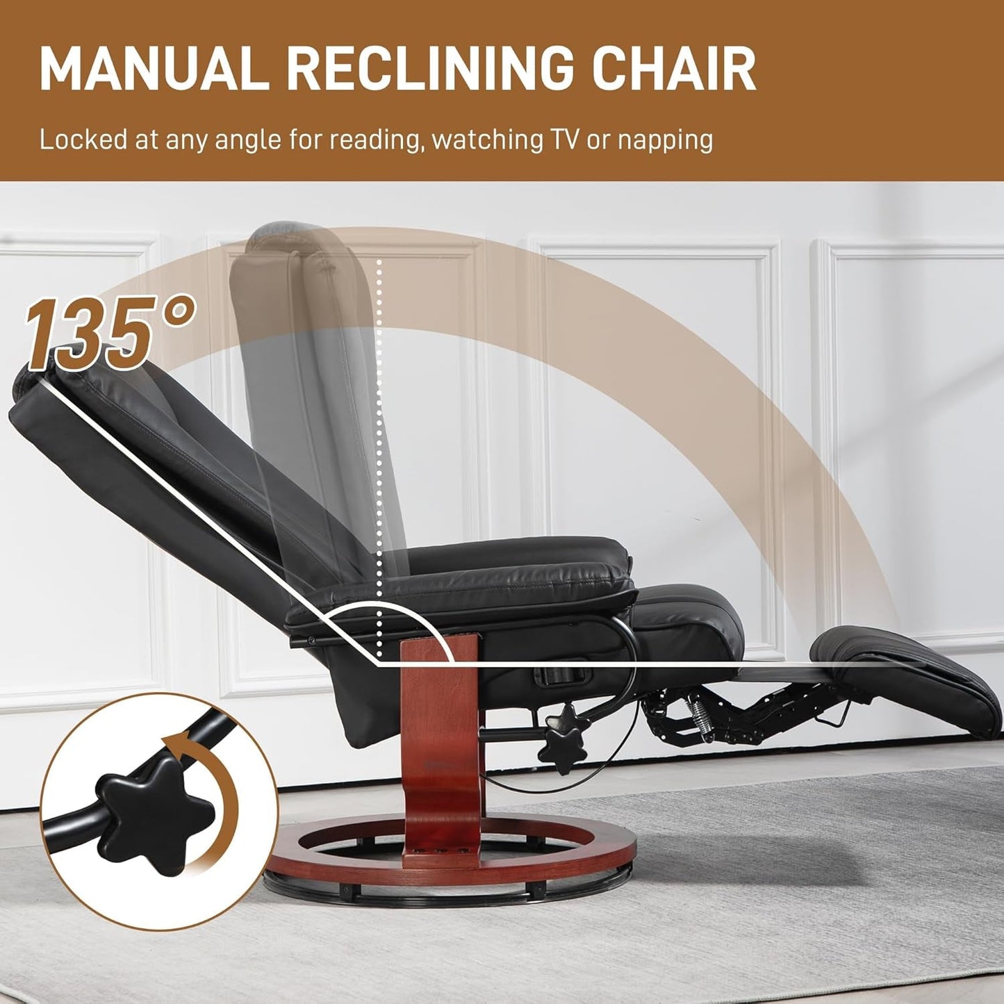 Manual Swivel Recliner Chair, PU Leather Reclining Chair with Footrest for Living Room, Black-3