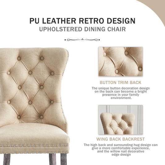 Leather Dining Chairs Set of 4, Upholstered Dining Chair with Nailhead Trim and Solid Wood Legs, Luxury Wingback Dining Side Chair for Living Room, Bedroom, Kitchen (Beige)-1