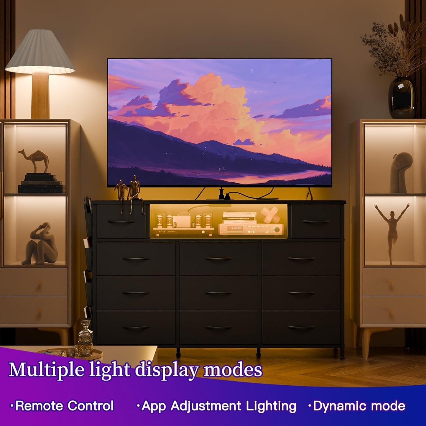 Black Dresser for Bedroom with 11 Drawers and Power Outlets LED Lights with Side Pocket for Kids Bedroom, Fabric Chest of Drawers, for 60Inch TV Long Dresser Storage Organize-4