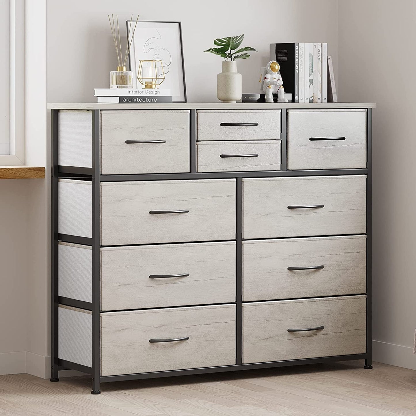 Grey 4 Drawer Chest of Drawers with Wood Top and Nightstand-1