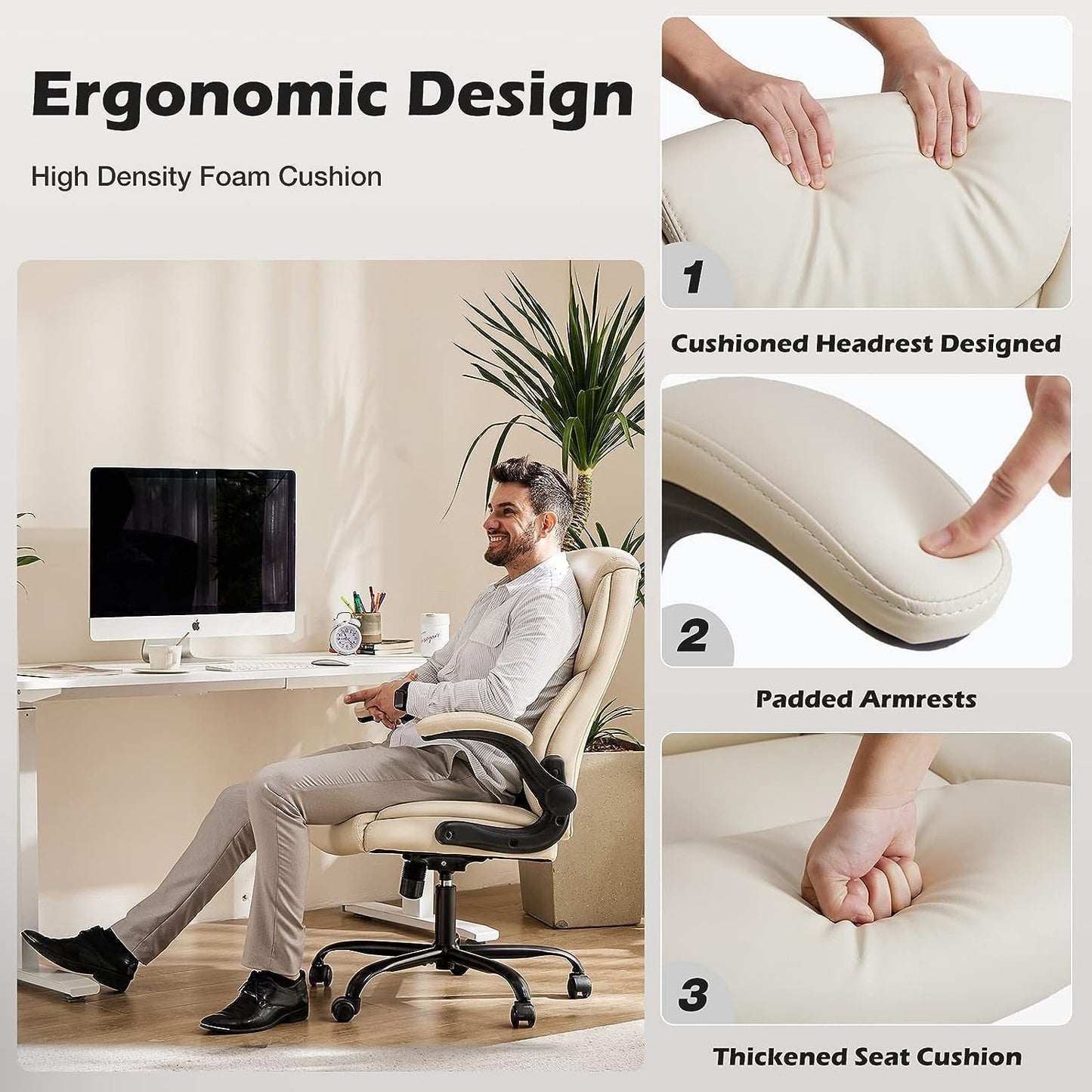 Office Chair - Ergonomic Executive Computer Desk Chairs with Adjustable Flip-Up Armrest, Swivel Task Chair with Lumbar Support, Strong Metal Base, PU Leather, White-3