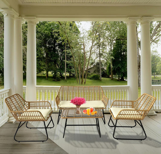 4 Piece Rattan Patio Furniture Set,Indoor/Outdoor Wicker Conversation Set with Loveseat,Chairs and Table for Garden,Porch,Yard and Poolside with White Soft Cushions-1