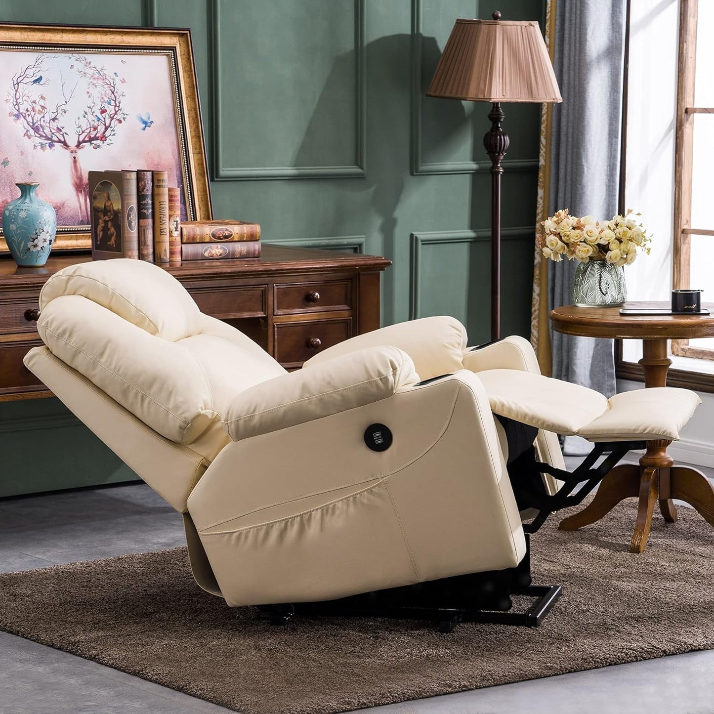 Electric Power Lift Recliner Chair Sofa with Massage and Heat for Elderly, 3 Positions, 2 Side Pockets, and Cup Holders, USB Ports, Faux Leather 7040 (Cream White, Medium)-4
