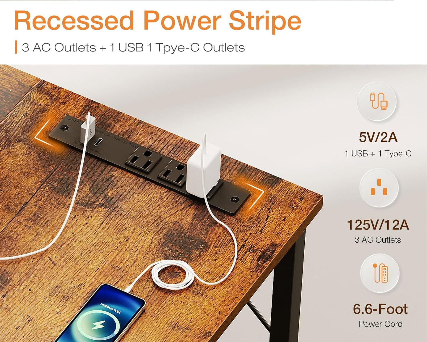 71 Inch Computer Desk with USB Ports, Large Office Desk, Long Study Student Writing Desk, Rustic Brown-4