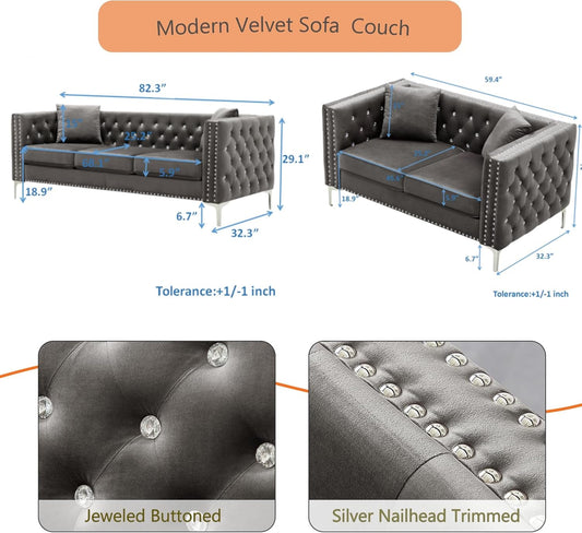 2-Piece Grey Velvet Upholstered Living Room Furniture Set, Including 3-Seater Sofa and Loveseat with Jeweled Buttons, Square Arm, Four Pillows Included for Living Room, Office-1