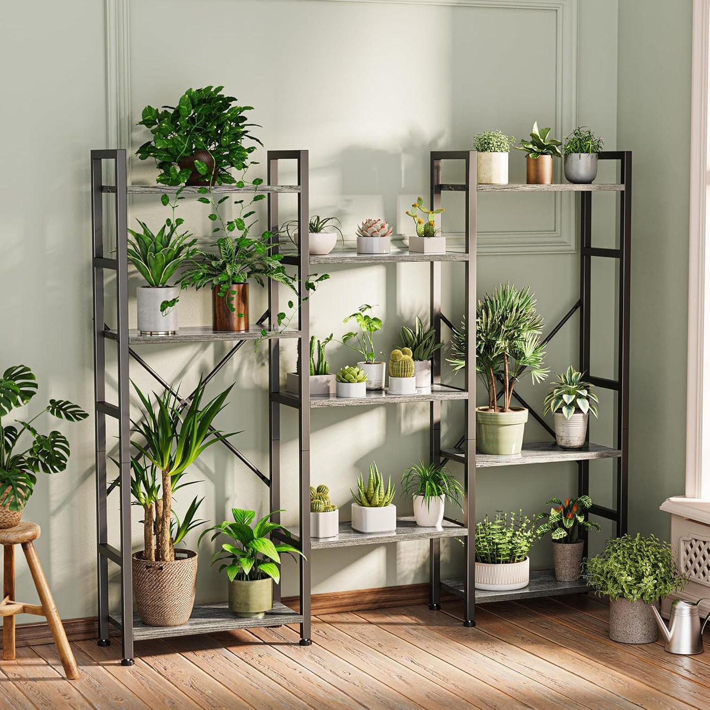 Triple 4 Tier Bookshelf, Bookcase with 11 Open Display Shelves, Wide Book Shelf Book Case for Home & Office, Grey-3