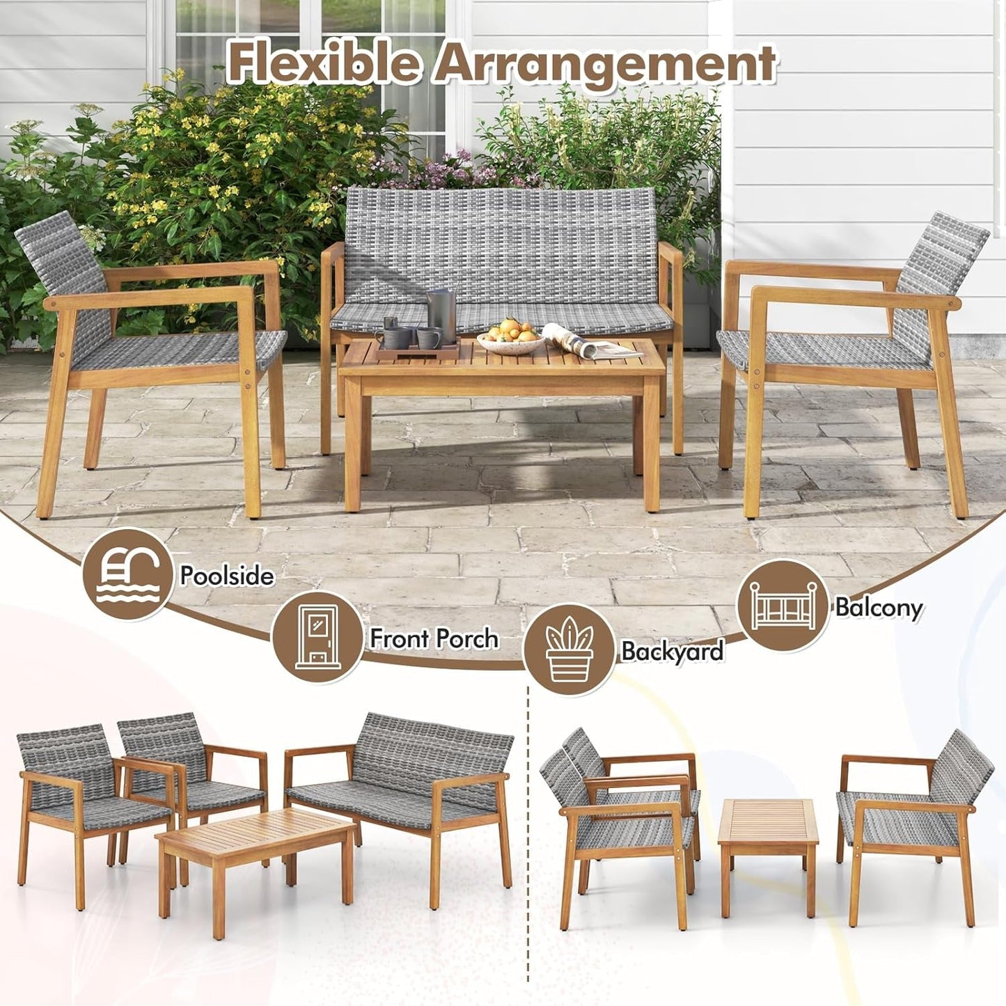 4 Pieces Outdoor Furniture Set, Acacia Wood Frame Sofa Set W/Rattan Seat & Back, Patio Conversation Set W/Coffee Table for Balcony, Poolside, Backyard (Mix Gray)-4