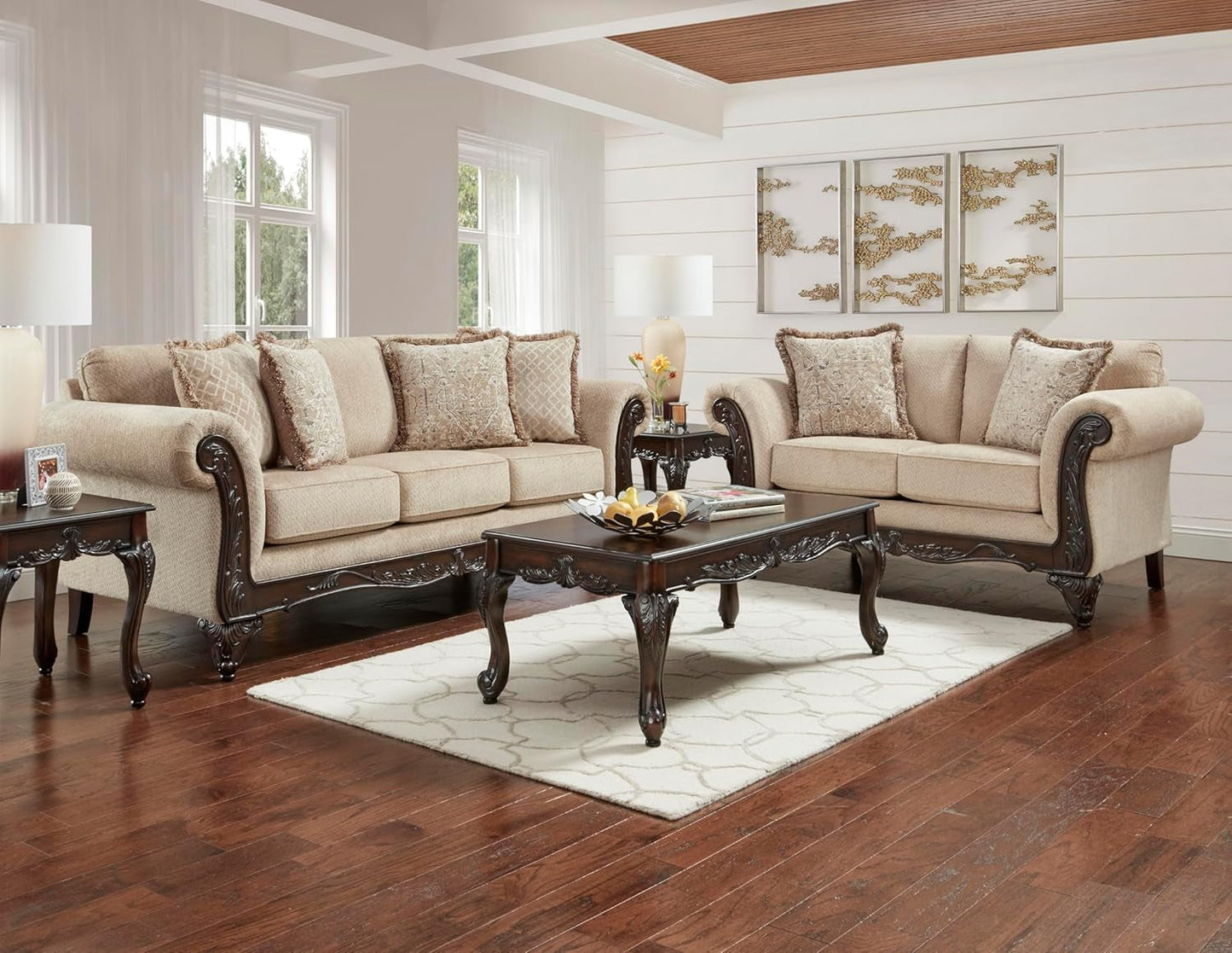 Hernen Carved Wood Frame 5-Piece Living Room Set, Beige Wheat-0